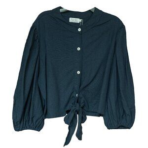 Mare Sole Amore Linen Blouse Crop Boxy Puff Sleeve Peasant Romantic Button Top